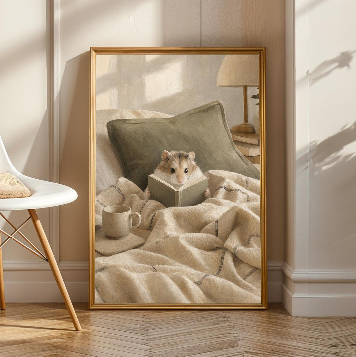 Product view of Roborovski Hamster Reading in Bed Poster.