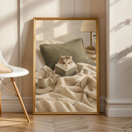 Product view of Roborovski Hamster Reading in Bed Poster.