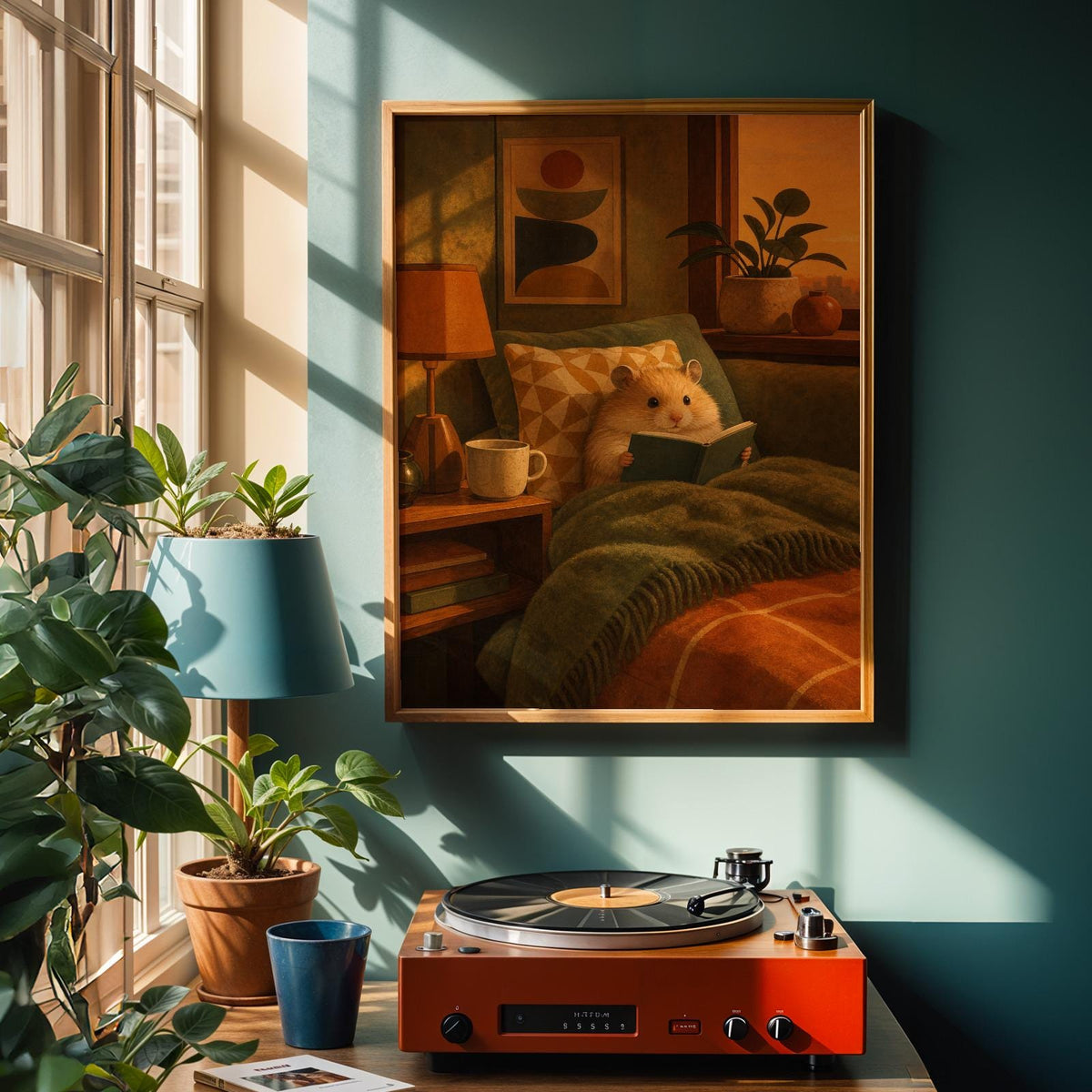 Alternate product view of Teddy Bear Hamster Reading in Armchair Poster.
