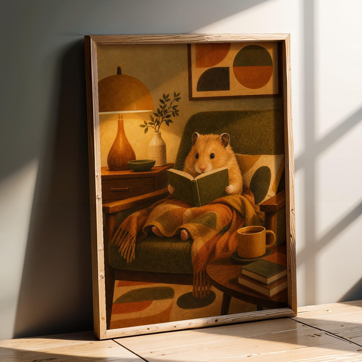 Product presentation view of Golden Syrian Hamster Reading in Armchair Poster.