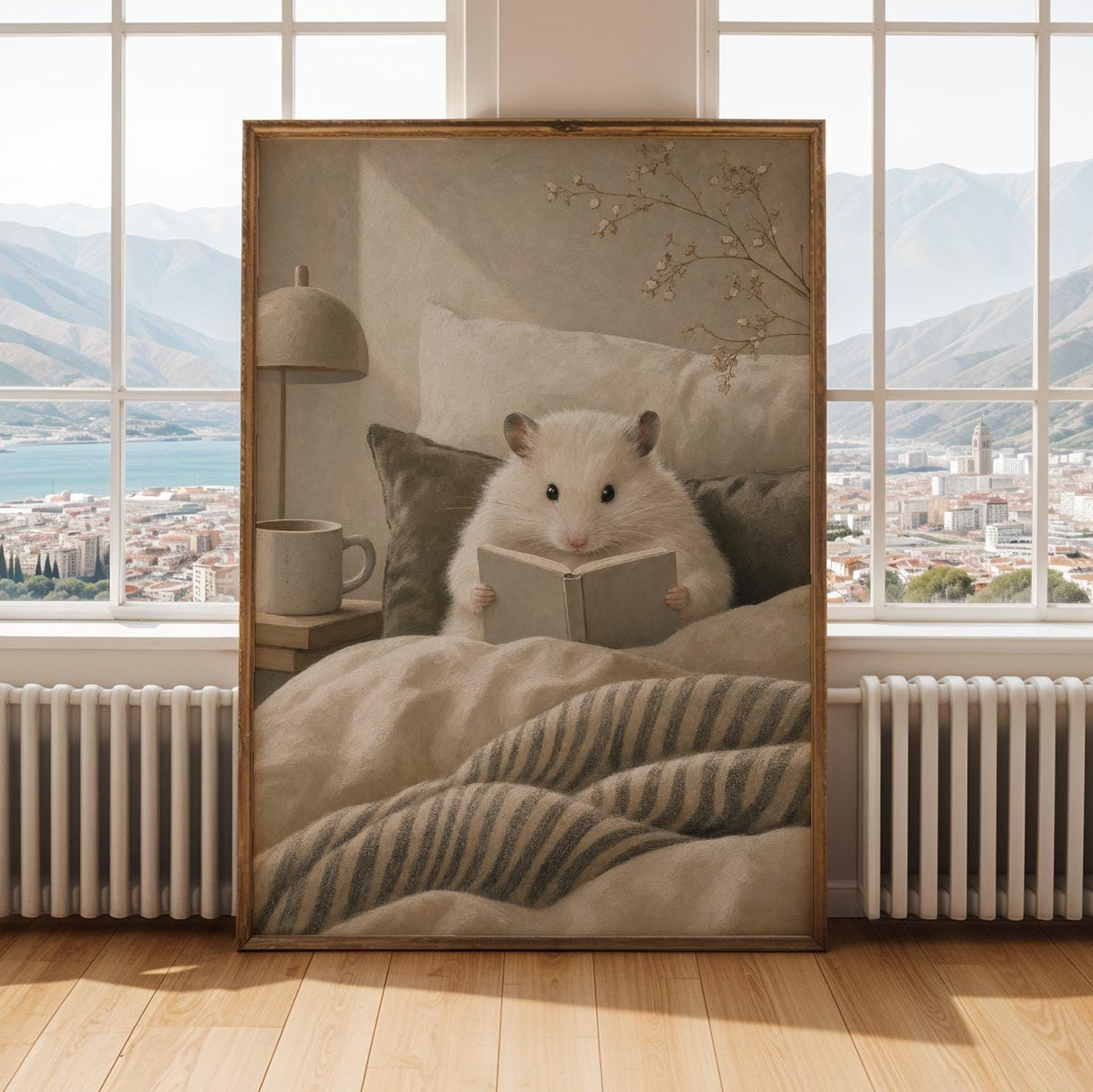 Alternate gallery view of Winter White Hamster Reading in Bed Poster.
