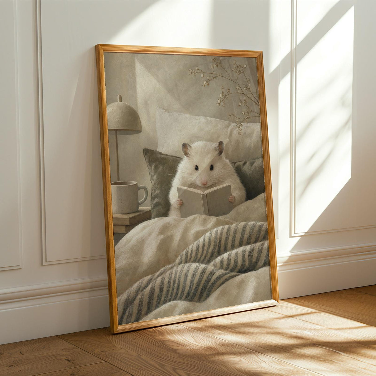 Alternate product presentation of Winter White Hamster Reading in Bed Poster.