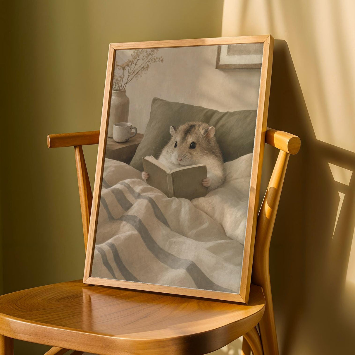 Product detail view of Campbell’s Dwarf Hamster Reading in Bed Poster.