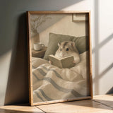 Product presentation view of Campbell’s Dwarf Hamster Reading in Bed Poster.
