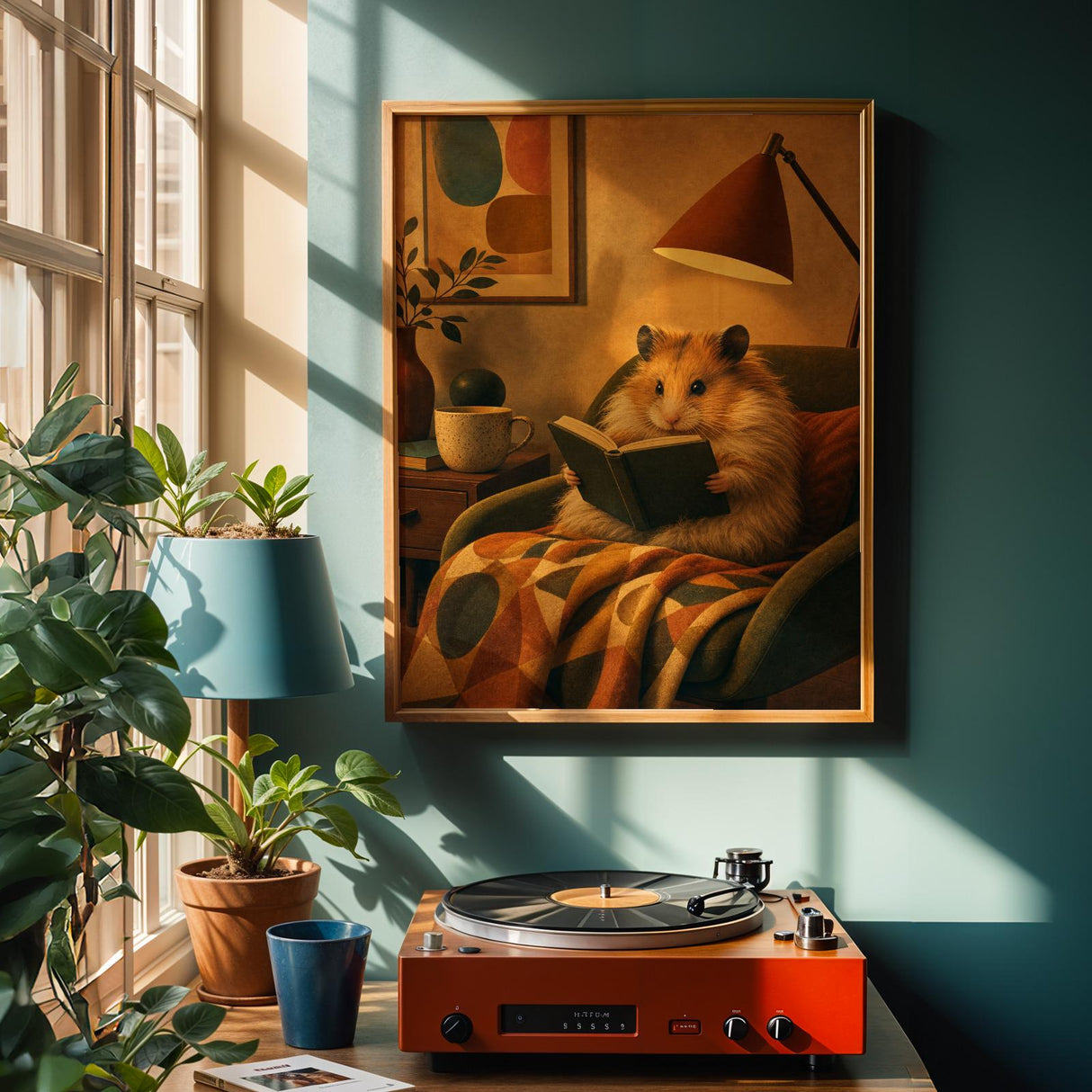 Alternate product view of Long Haired Syrian Hamster Reading in Armchair Poster.