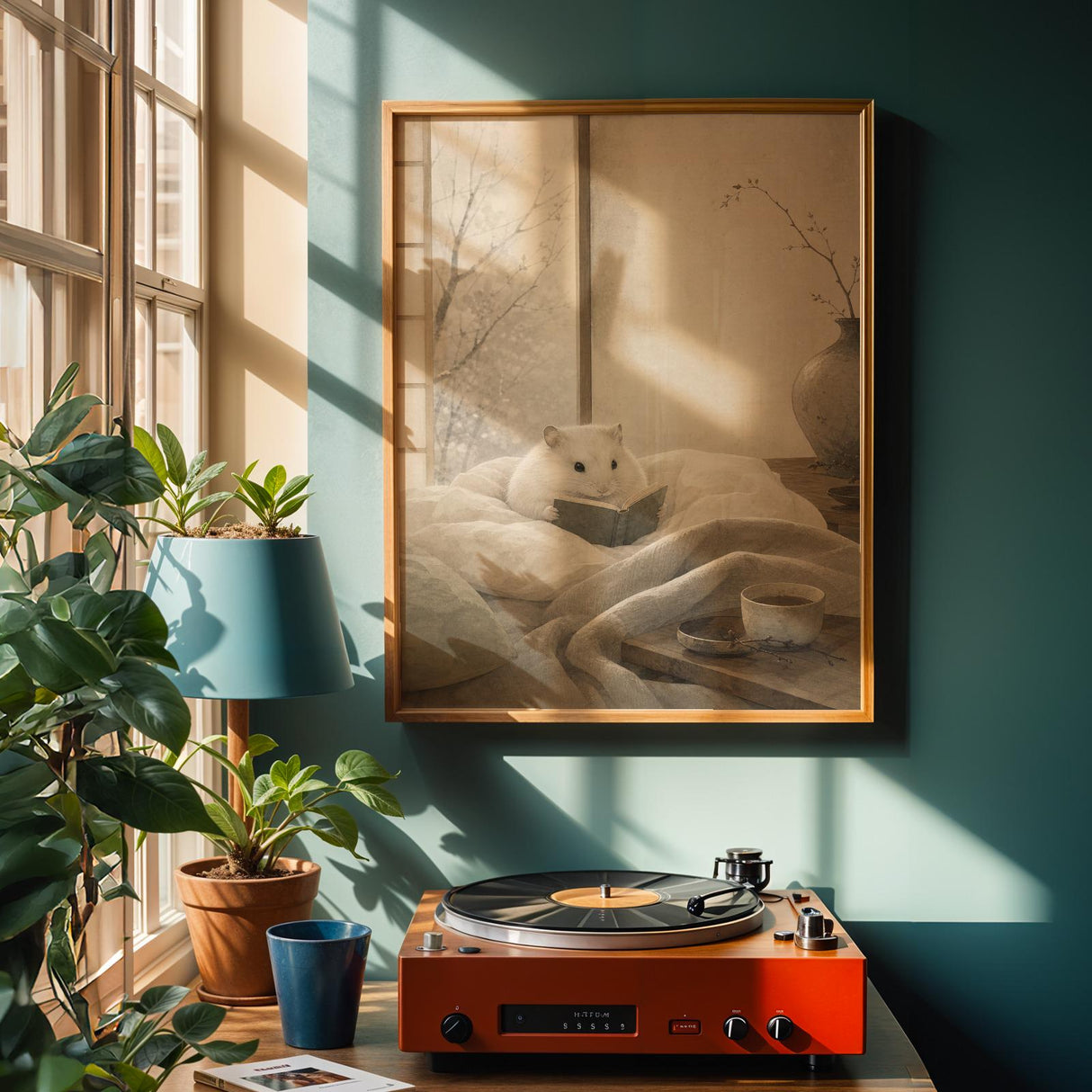 Alternate product view of Winter White Hamster Reading in Bed Poster.