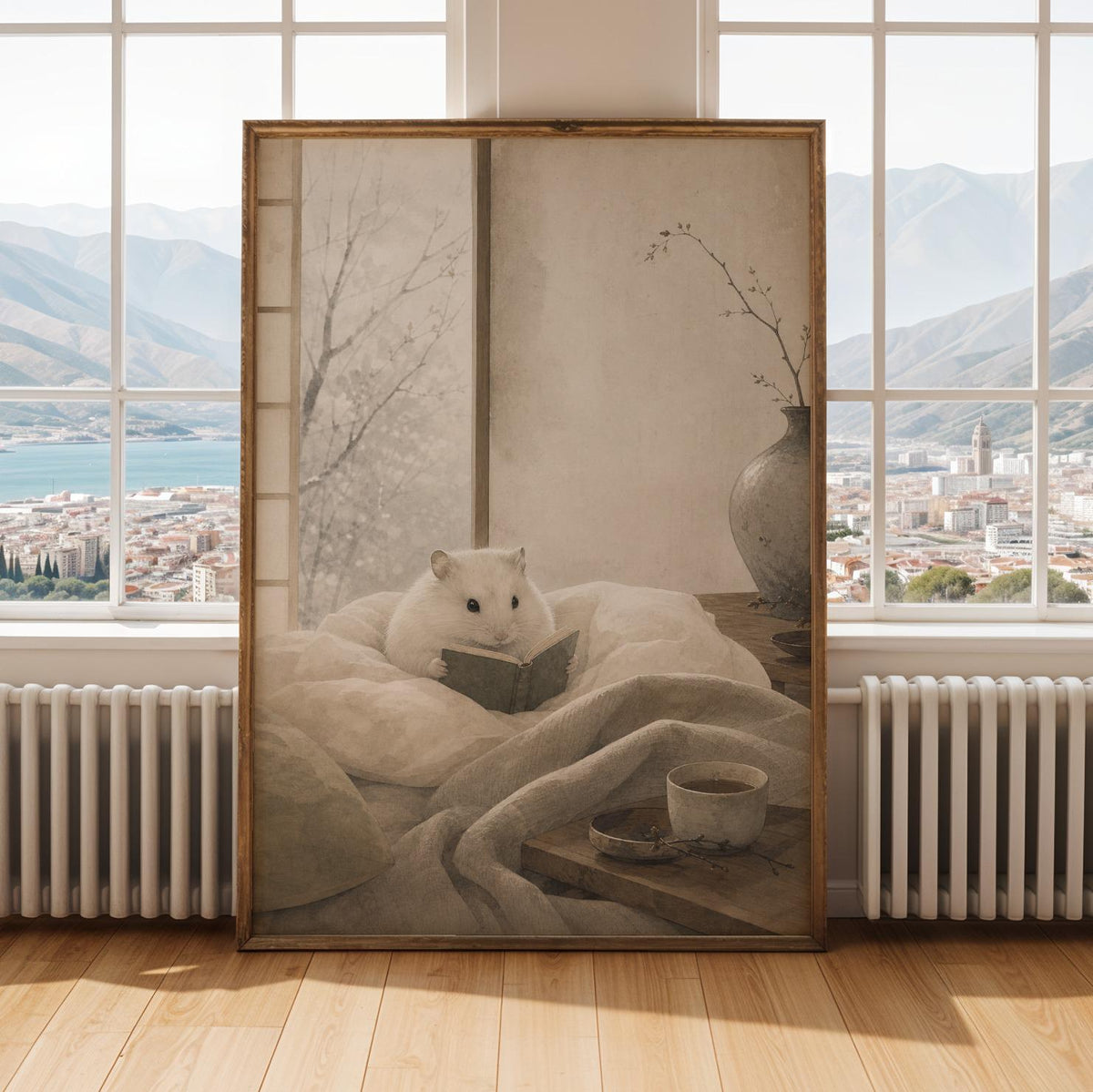 Alternate gallery view of Winter White Hamster Reading in Bed Poster.
