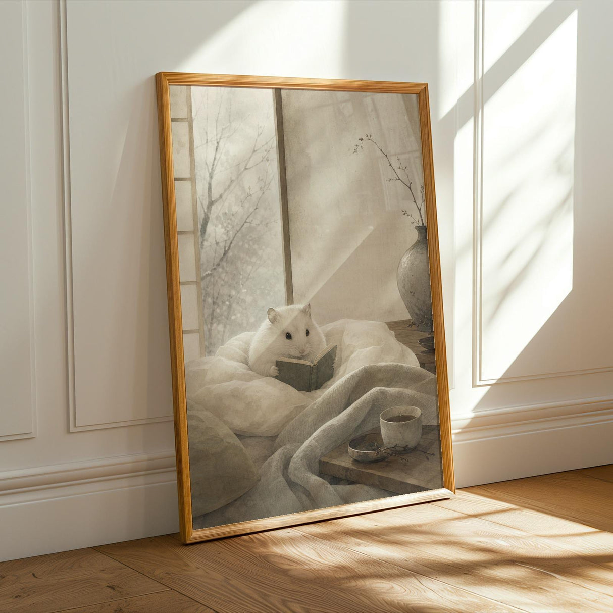 Alternate product presentation of Winter White Hamster Reading in Bed Poster.