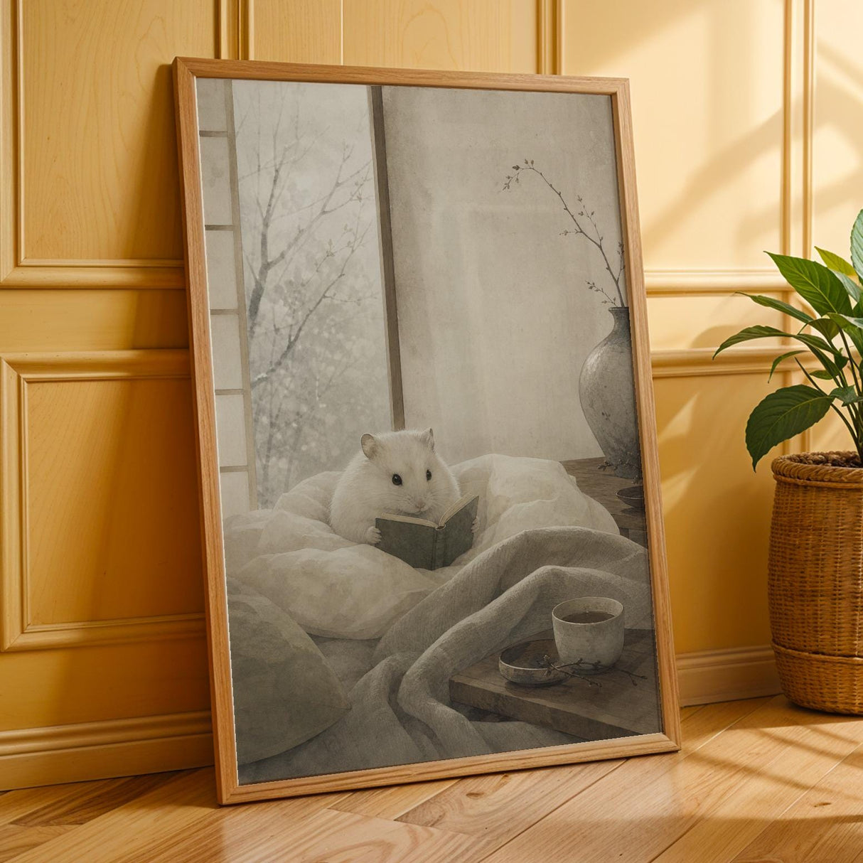 Additional product presentation of Winter White Hamster Reading in Bed Poster.