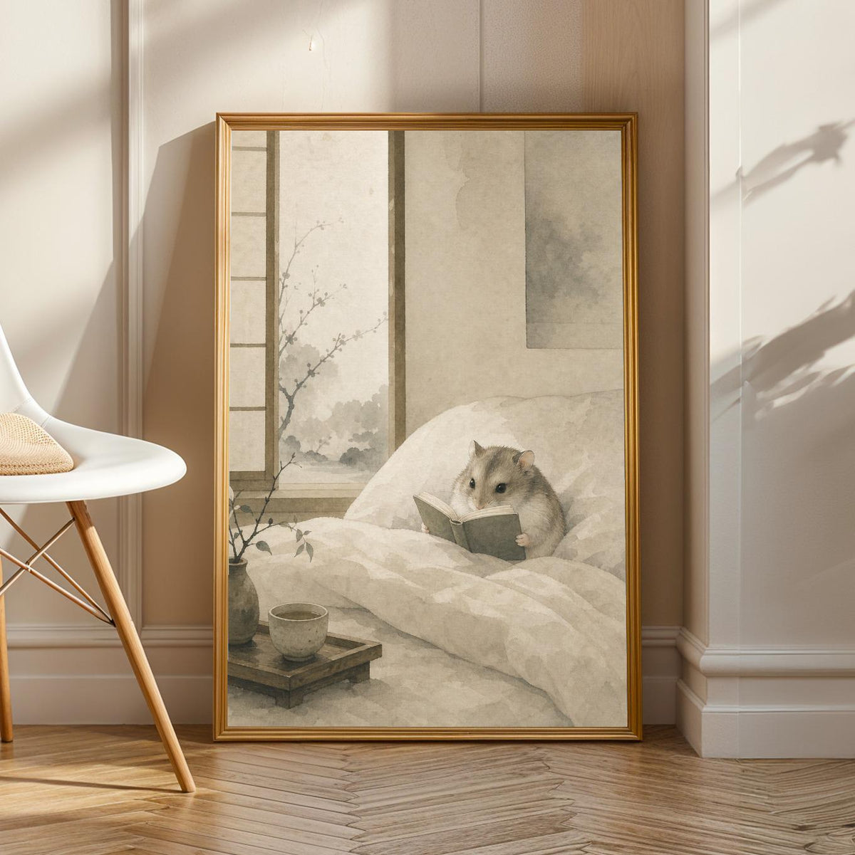 Product view of Russian Dwarf Hamster Reading in Bed Poster.
