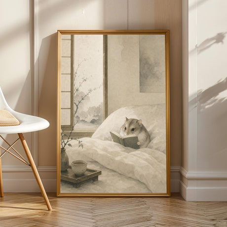 Product view of Russian Dwarf Hamster Reading in Bed Poster.