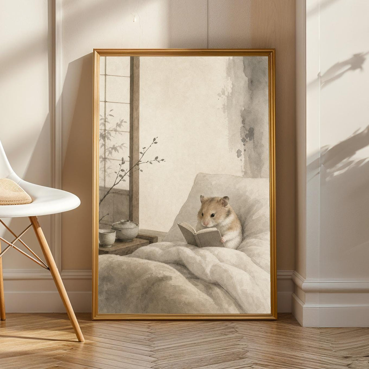 Product view of Chinese Hamster Reading in Bed Poster.