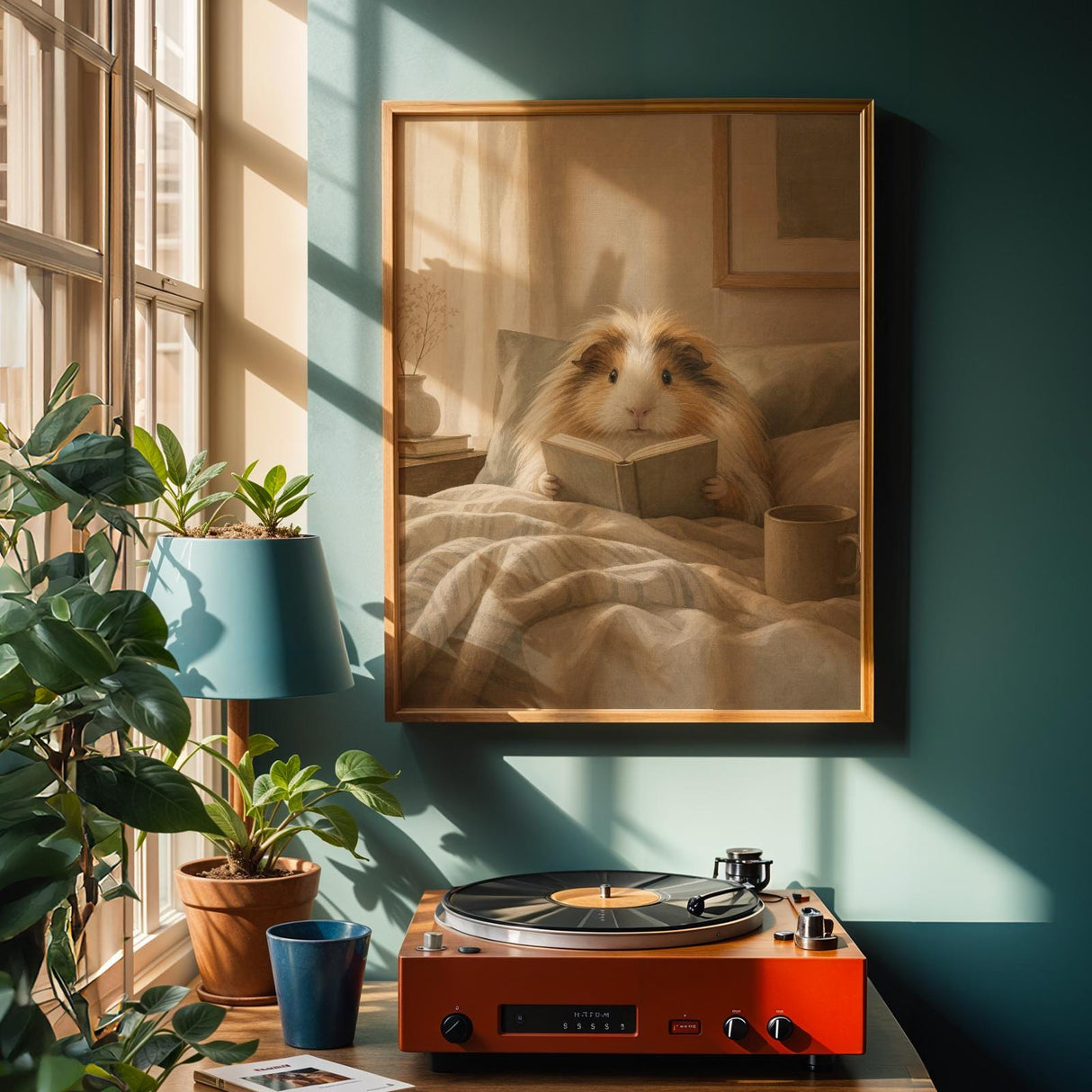 Alternate product view of Sheltie Guinea Pig Reading in Bed Poster.