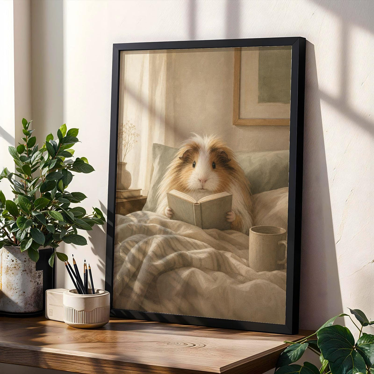 Product gallery view of Sheltie Guinea Pig Reading in Bed Poster.