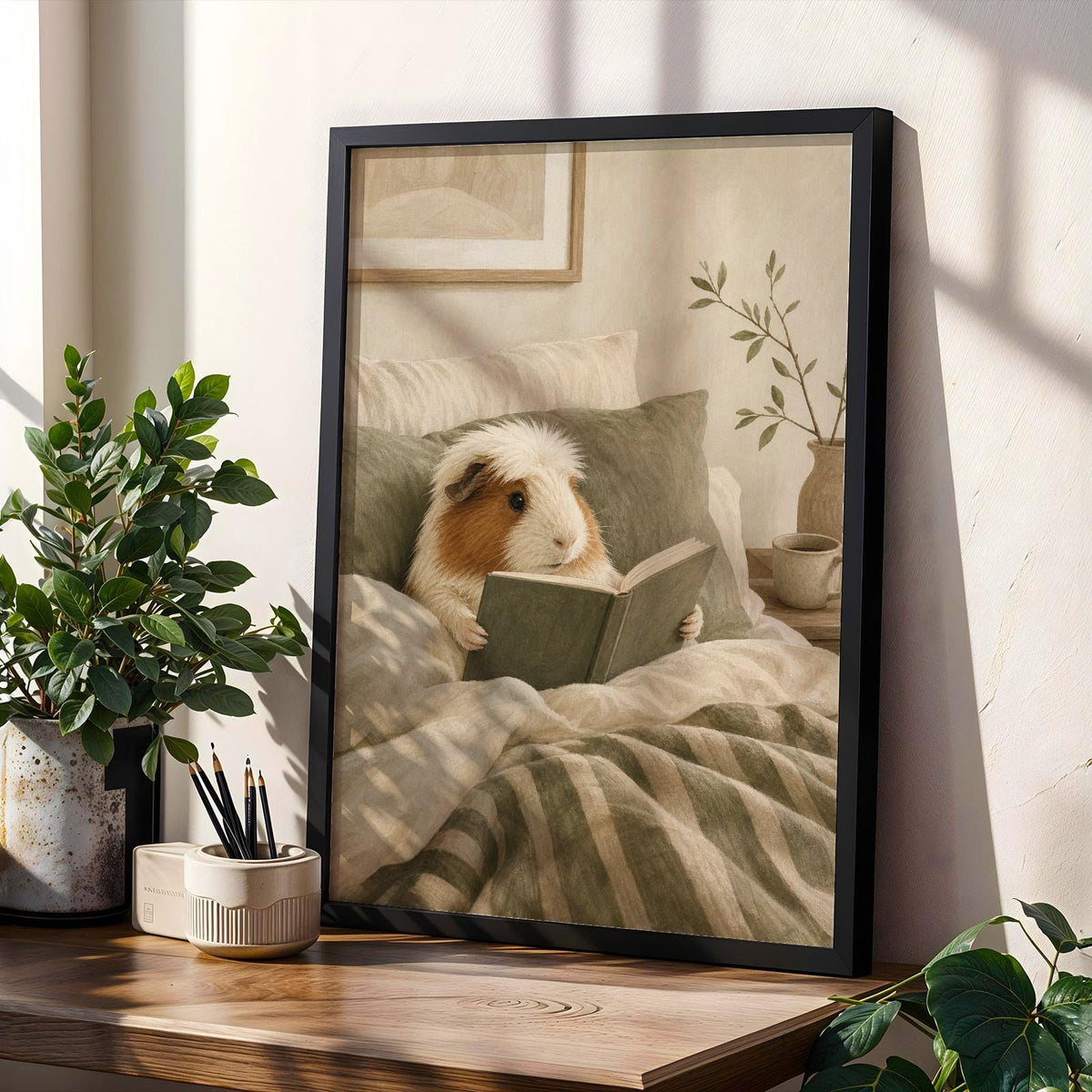 Product gallery view of White Crested Guinea Pig Reading in Bed Poster.