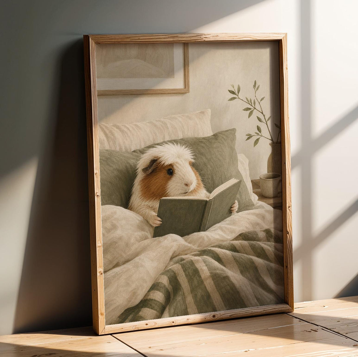 Product presentation view of White Crested Guinea Pig Reading in Bed Poster.