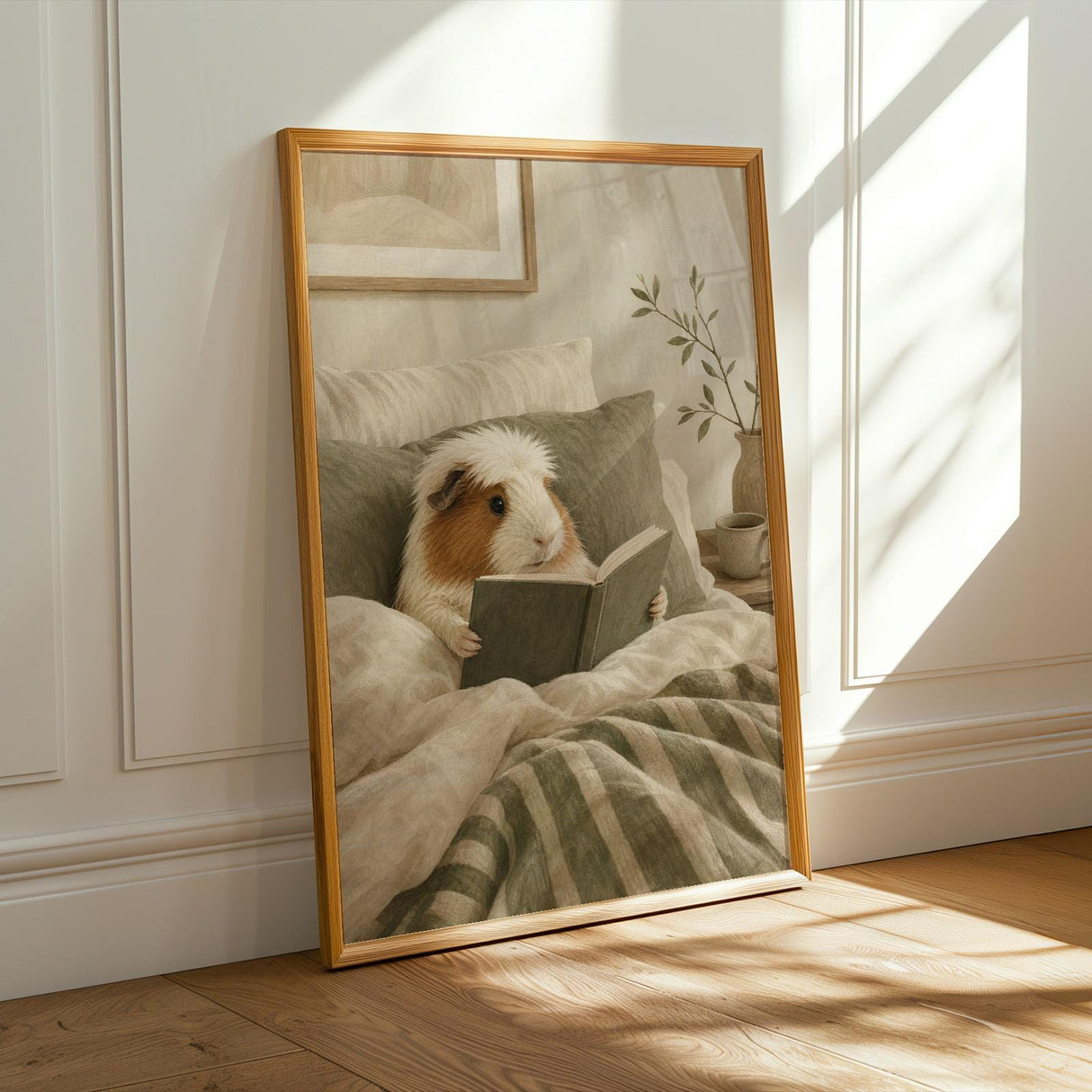Alternate product presentation of White Crested Guinea Pig Reading in Bed Poster.