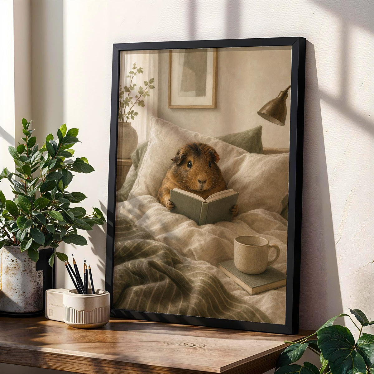 Product gallery view of Abyssinian Guinea Pig Reading in Bed Poster.