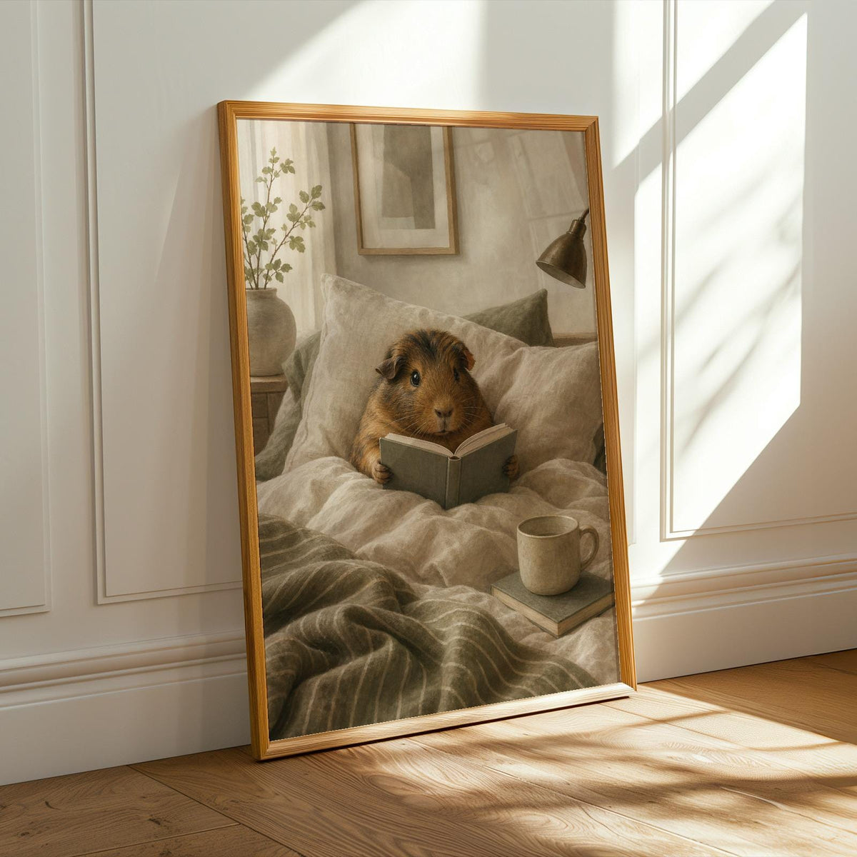 Alternate product presentation of Abyssinian Guinea Pig Reading in Bed Poster.