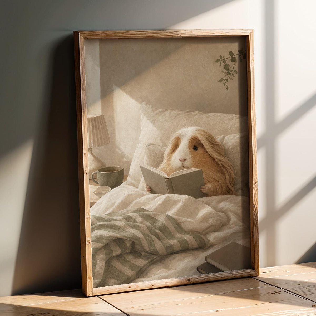 Product presentation view of Peruvian Guinea Pig Reading in Bed Poster.