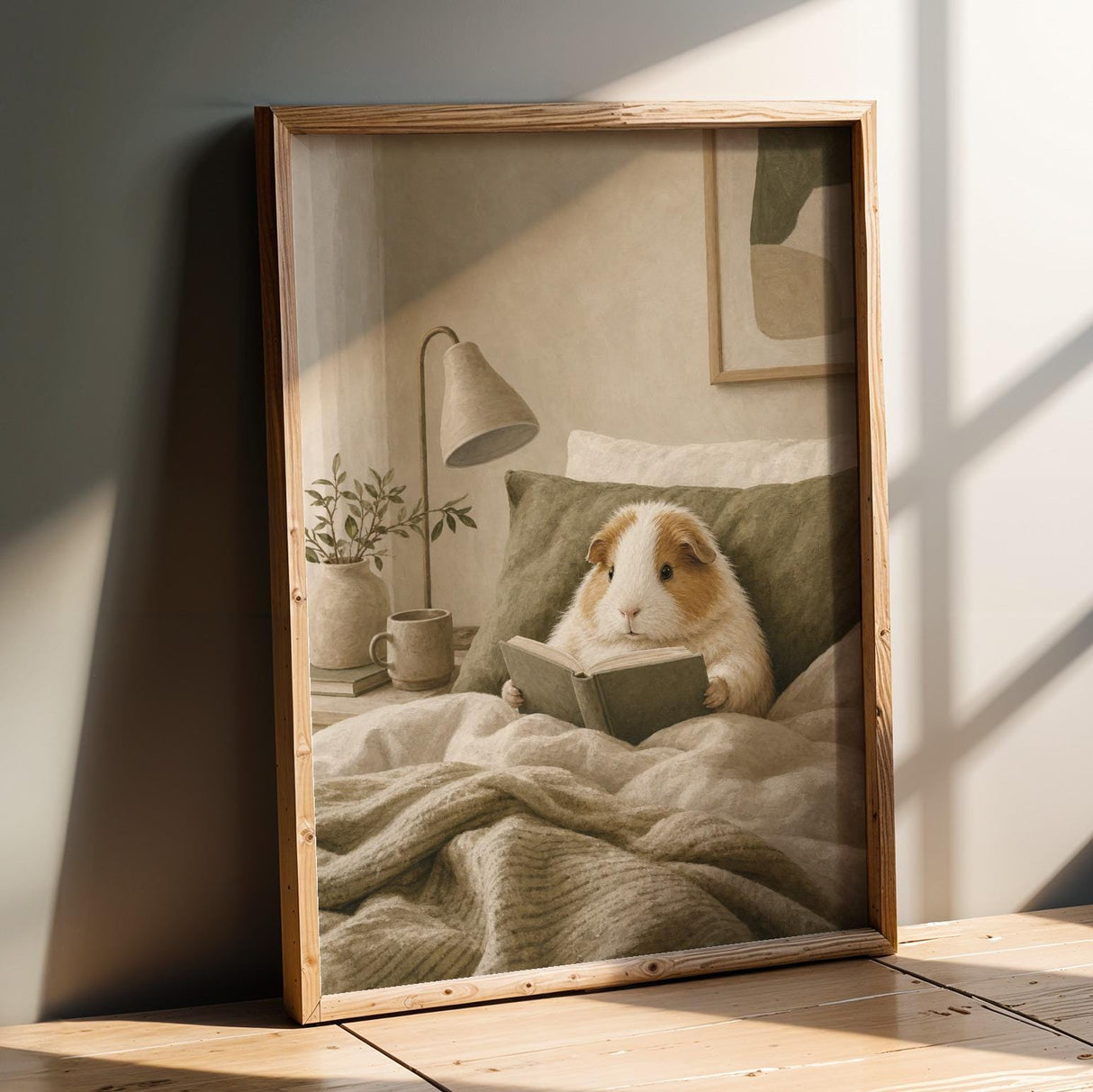 Product presentation view of Alpaca Guinea Pig Reading in Bed Poster.