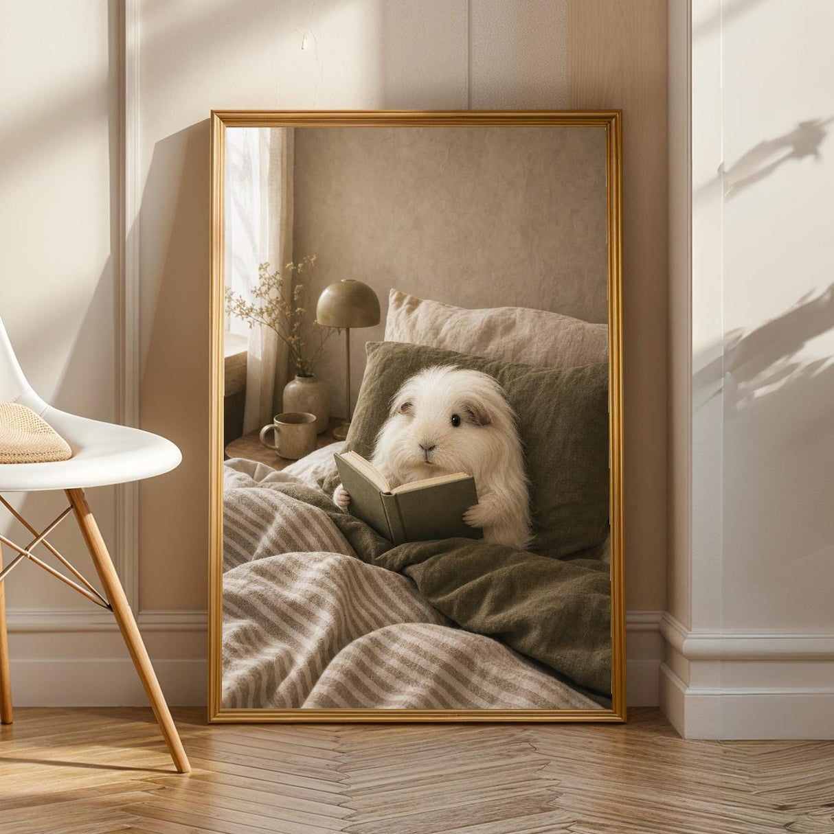 Product view of Silkie Guinea Pig Reading in Bed Poster.