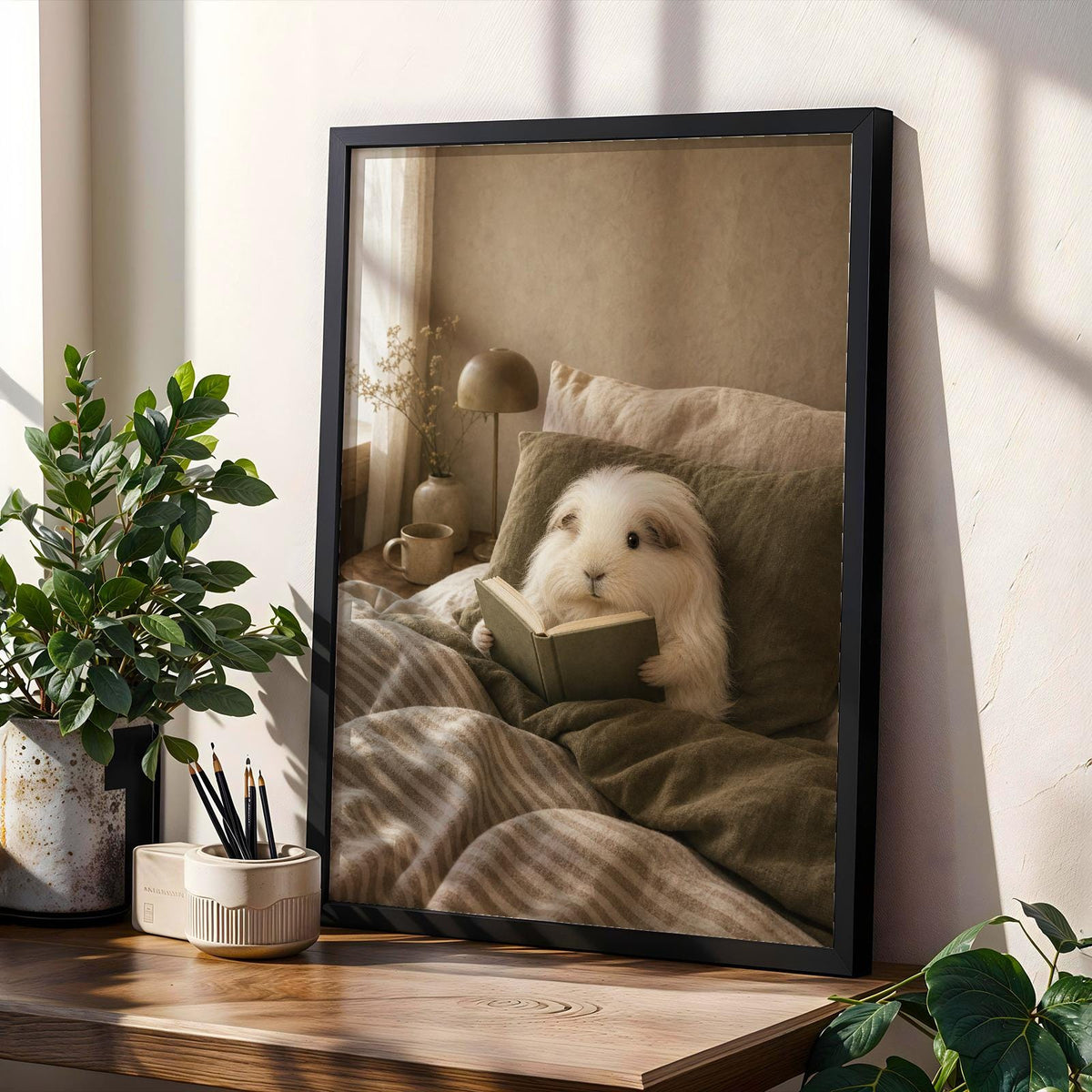 Product gallery view of Silkie Guinea Pig Reading in Bed Poster.