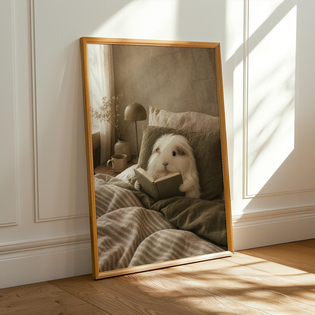Alternate product presentation of Silkie Guinea Pig Reading in Bed Poster.