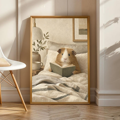 Product view of Teddy Guinea Pig Reading in Bed Poster.