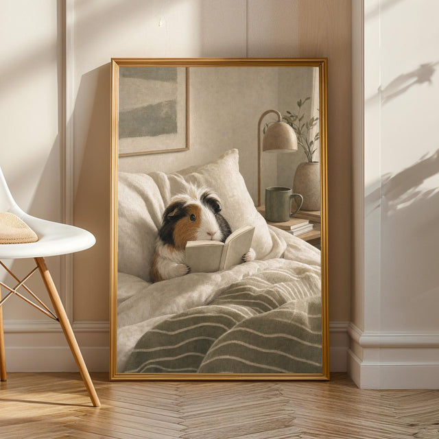 Product view of Coronet Guinea Pig Reading in Bed Poster.