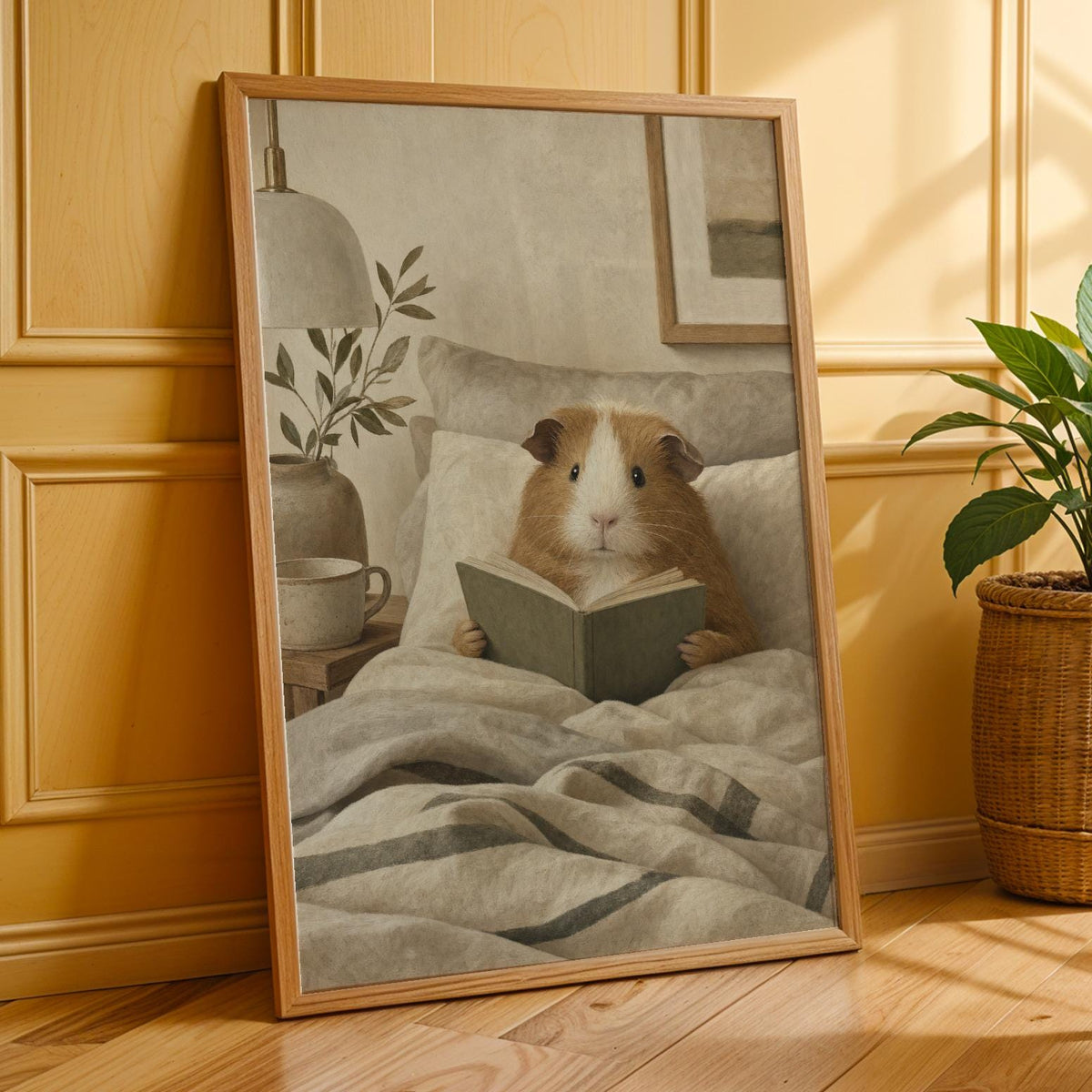 Additional product presentation of Teddy Guinea Pig Reading in Bed Poster.