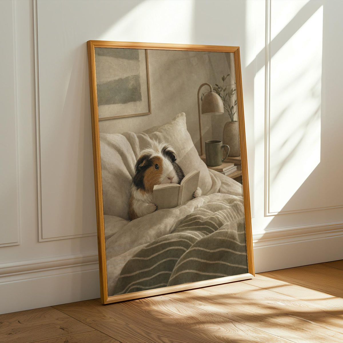 Alternate product presentation of Coronet Guinea Pig Reading in Bed Poster.