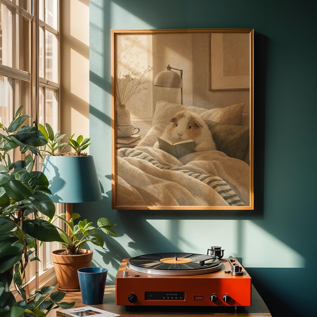 Alternate product view of Texel Guinea Pig Reading in Bed Poster.