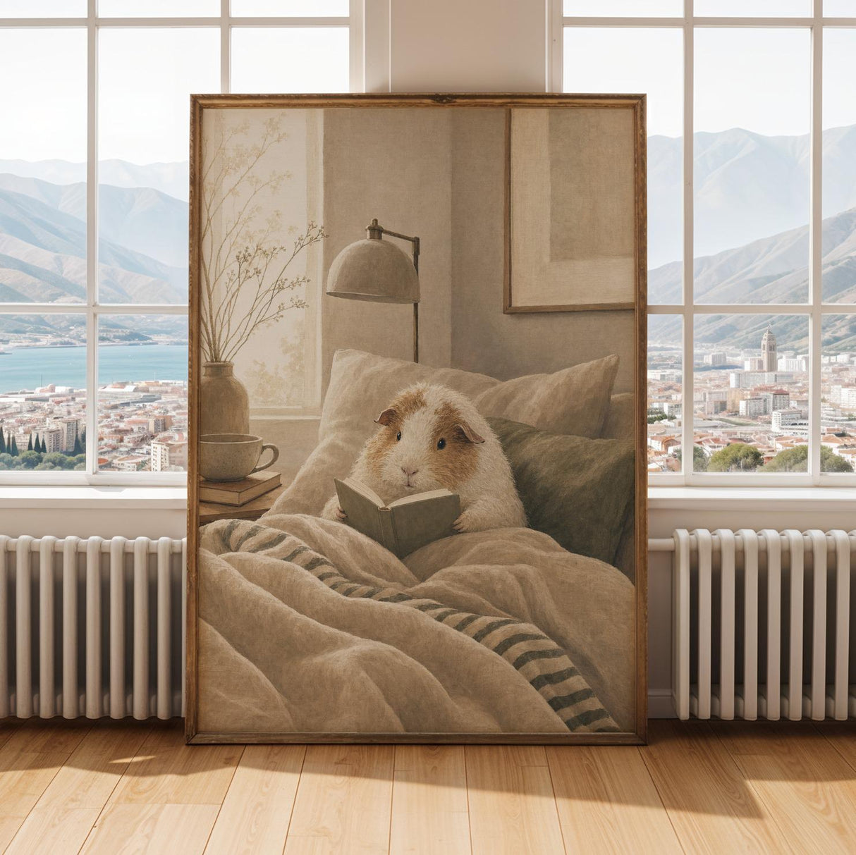 Alternate gallery view of Texel Guinea Pig Reading in Bed Poster.