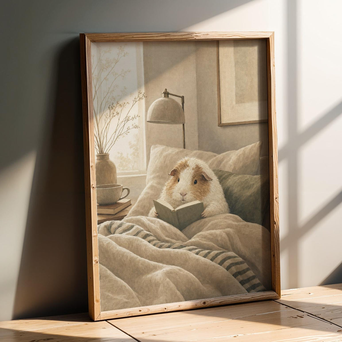Product presentation view of Texel Guinea Pig Reading in Bed Poster.