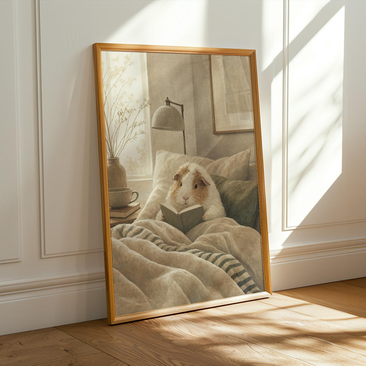 Alternate product presentation of Texel Guinea Pig Reading in Bed Poster.