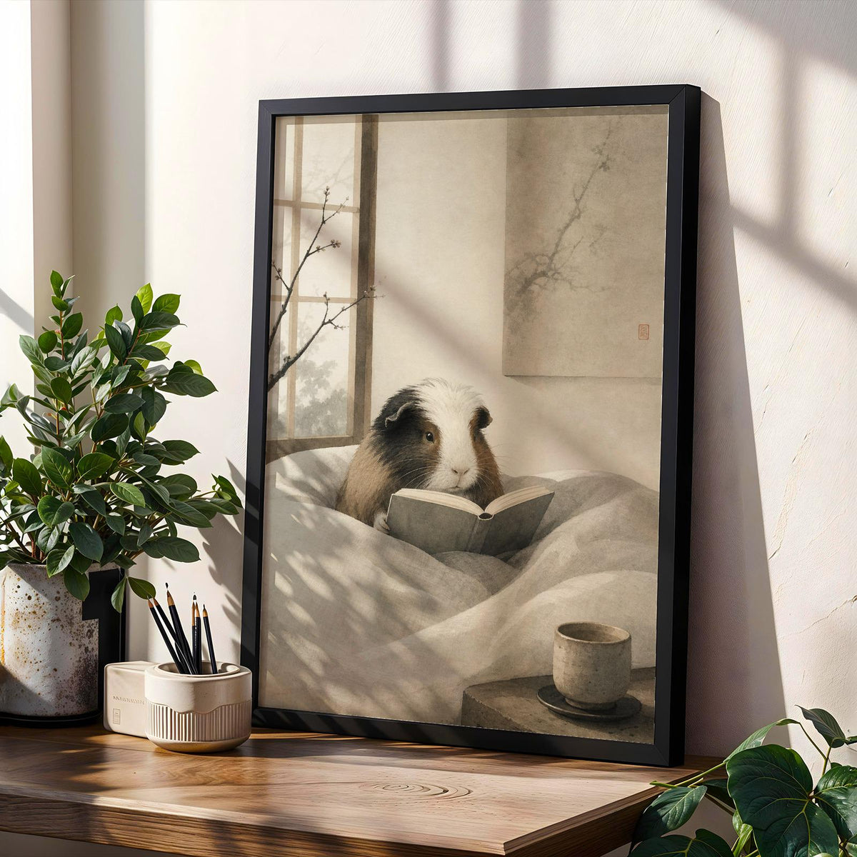 Product gallery view of White Guinea Pig Reading in Bed Poster.
