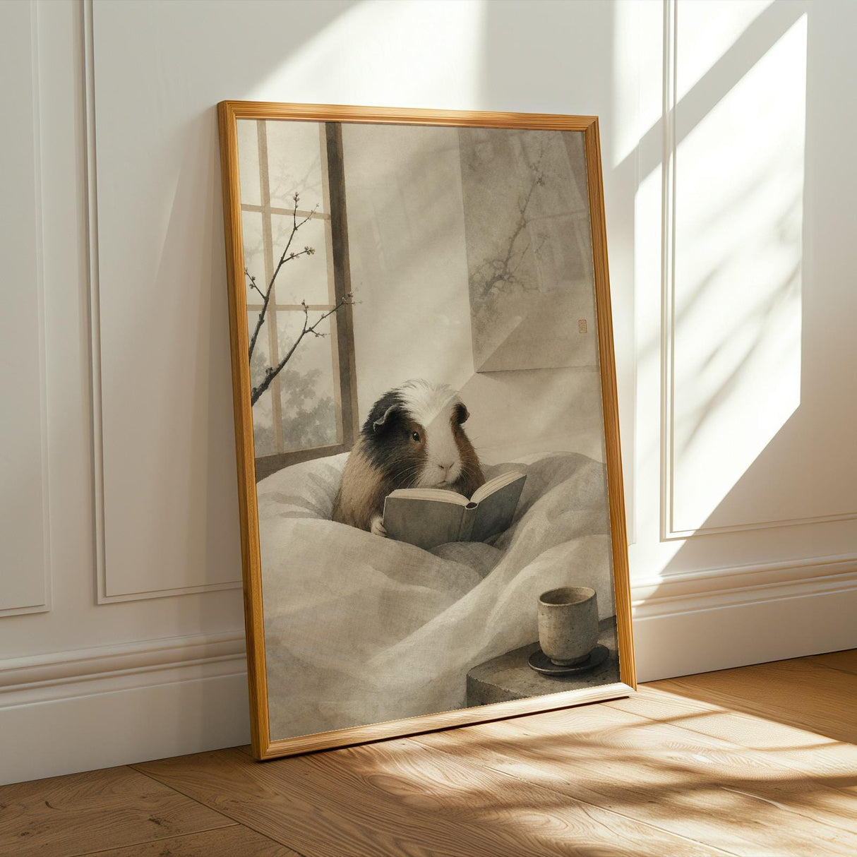 Alternate product presentation of White Guinea Pig Reading in Bed Poster.