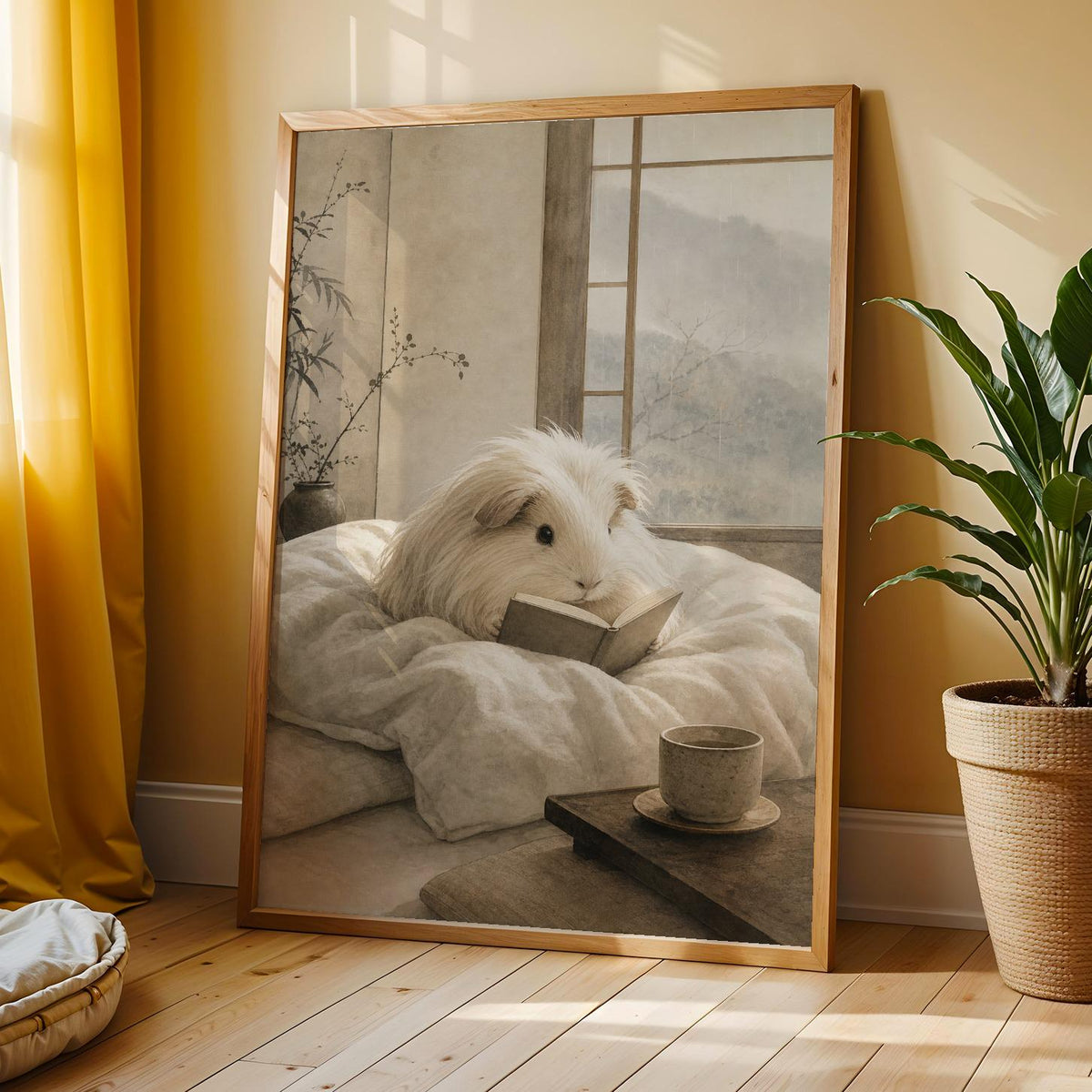 Additional product view of Silkie Guinea Pig Reading in Bed Poster.