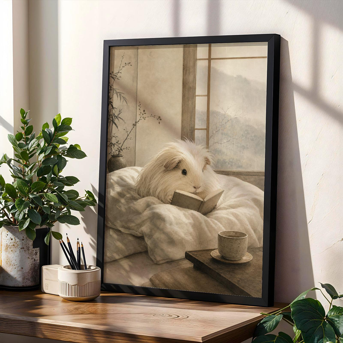 Product gallery view of Silkie Guinea Pig Reading in Bed Poster.