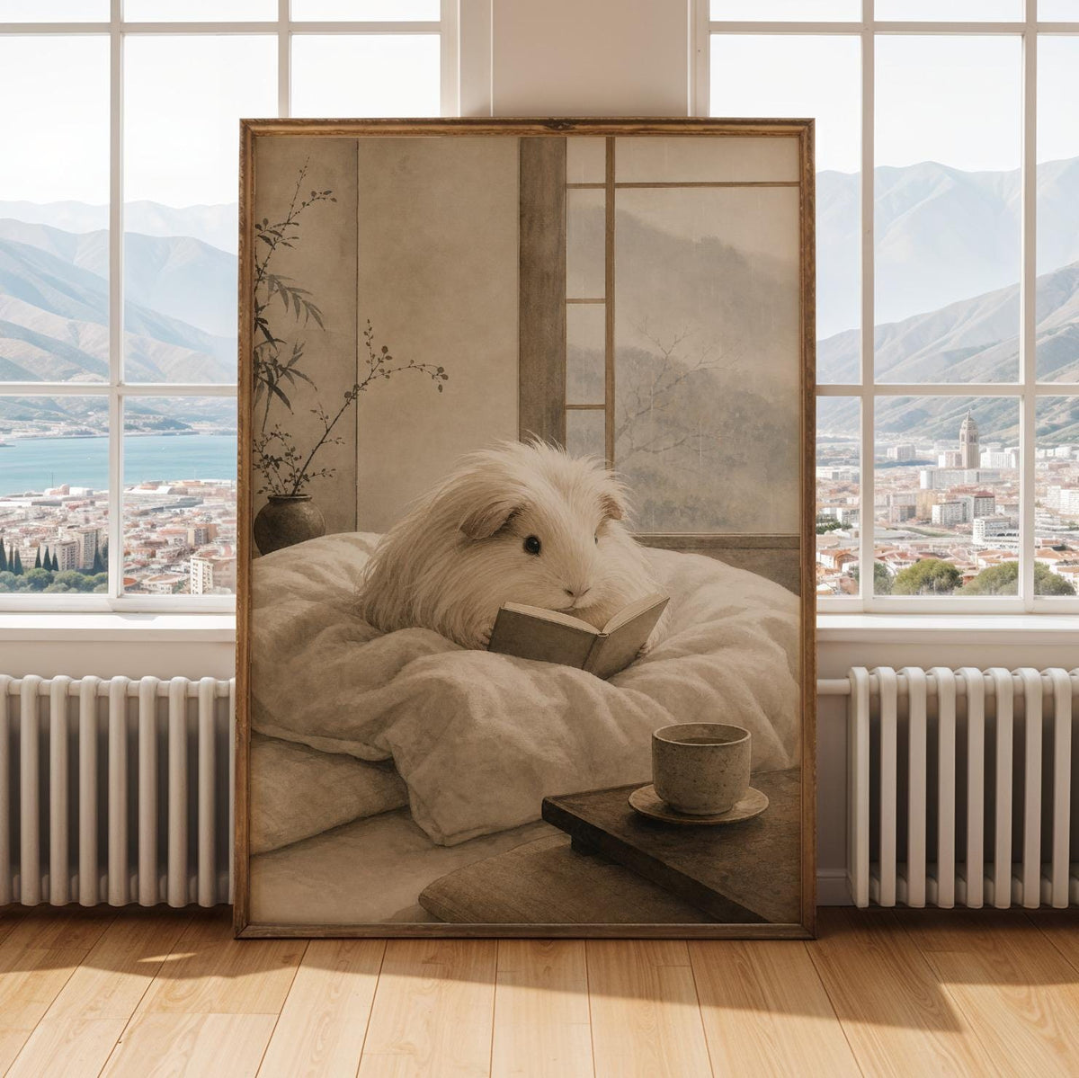 Alternate gallery view of Silkie Guinea Pig Reading in Bed Poster.