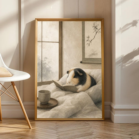Product view of Satin Guinea Pig Reading in Bed Poster.