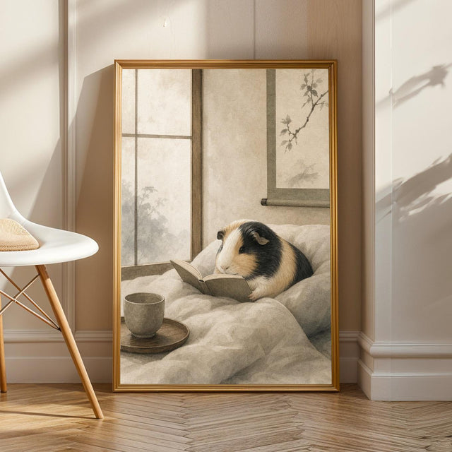 Product view of Satin Guinea Pig Reading in Bed Poster.