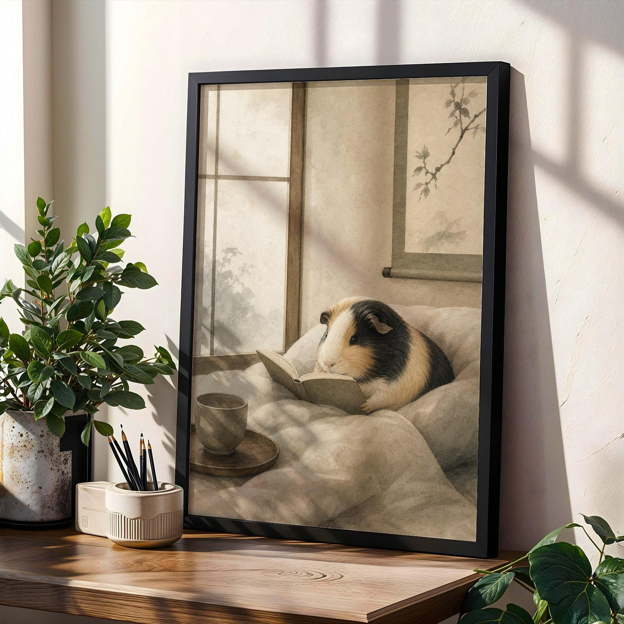 Product gallery view of Satin Guinea Pig Reading in Bed Poster.