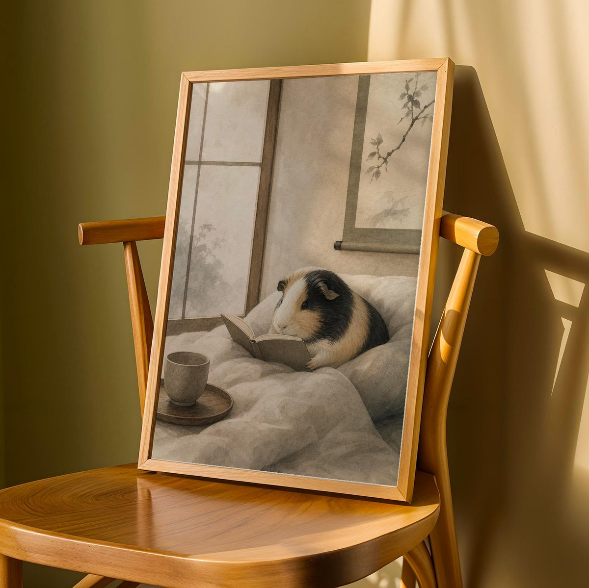 Product detail view of Satin Guinea Pig Reading in Bed Poster.