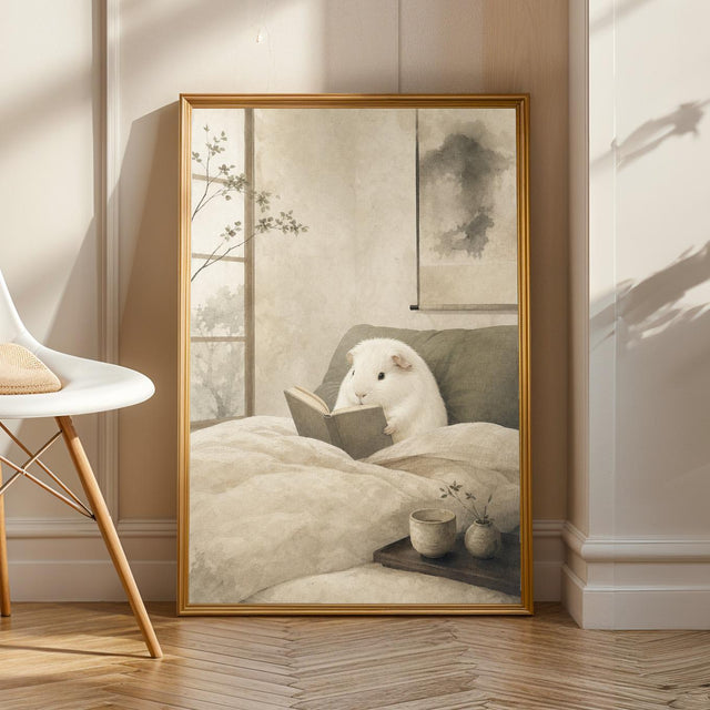 Product view of White Guinea Pig Reading in Bed Poster.
