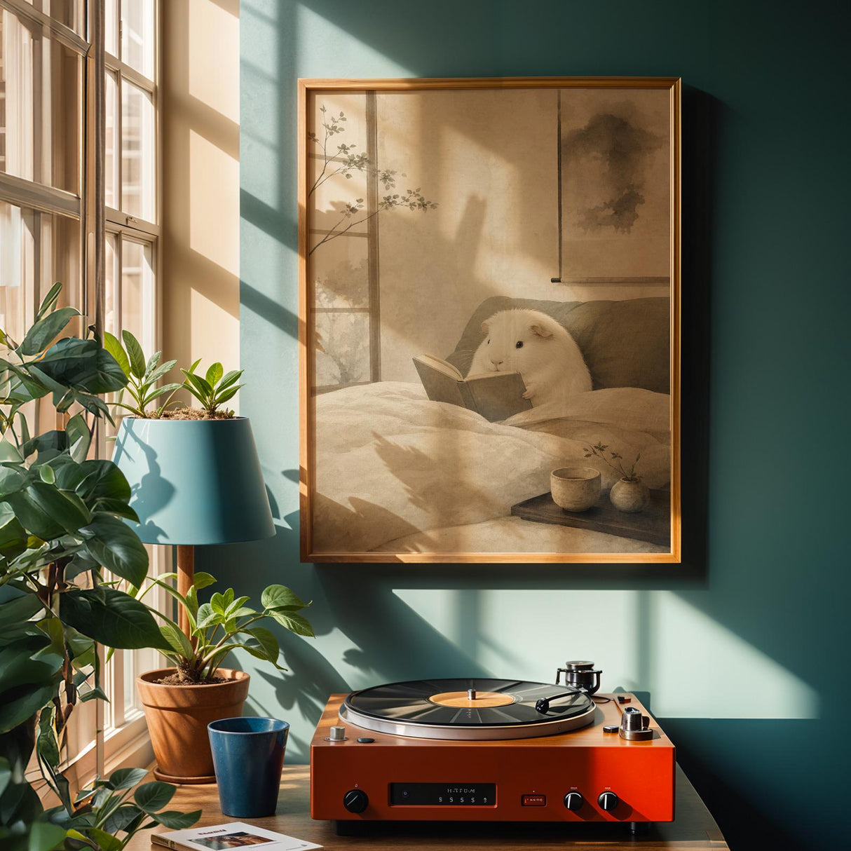 Alternate product view of White Guinea Pig Reading in Bed Poster.
