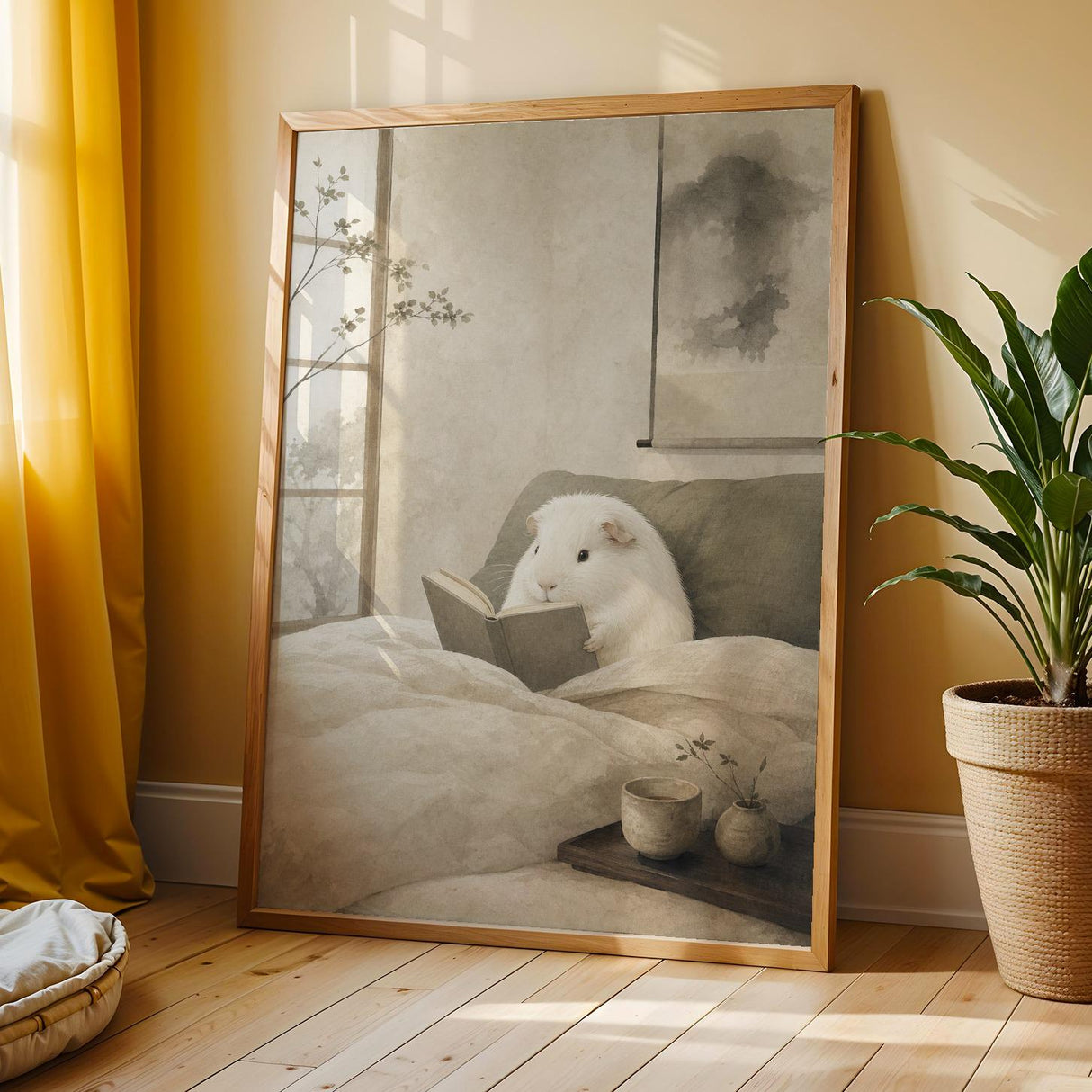 Additional product view of White Guinea Pig Reading in Bed Poster.