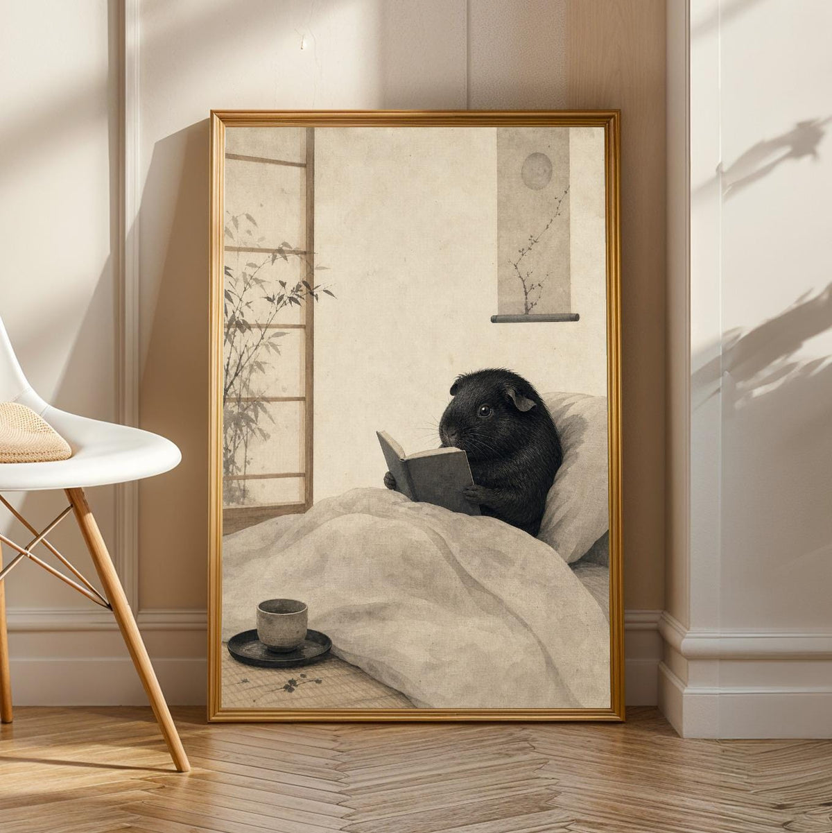 Product view of Black Guinea Pig Reading in Bed Poster.
