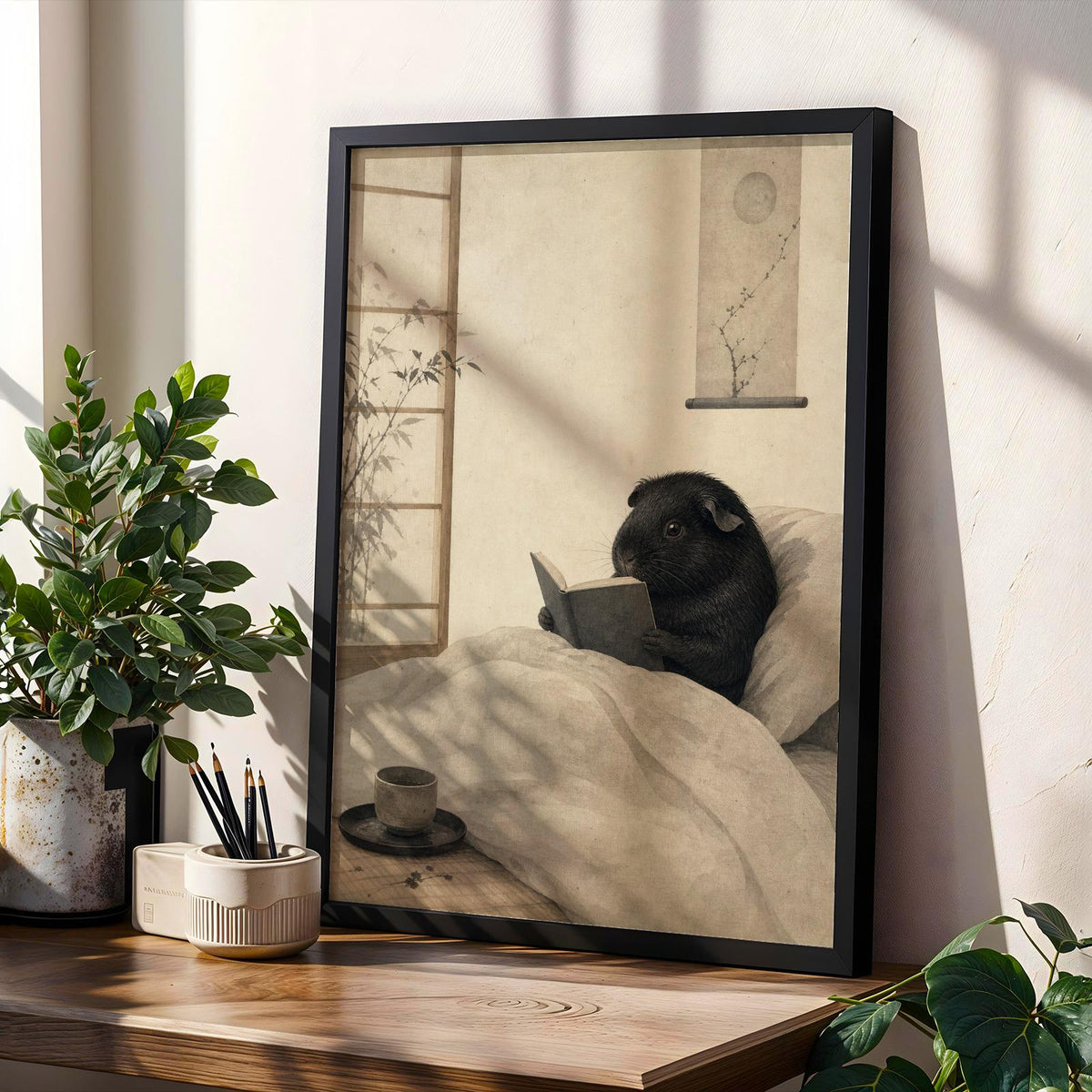 Product gallery view of Black Guinea Pig Reading in Bed Poster.